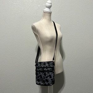 Satchelli Small Crossbody Bag Black Gray Adjustable Strap Abstract Floral Design